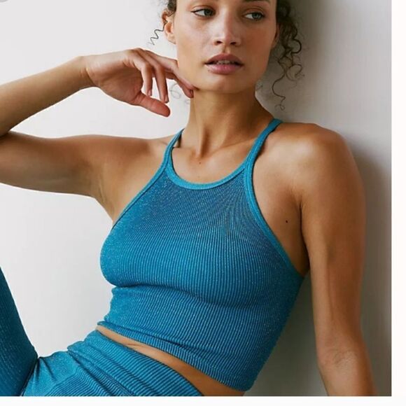 Free People Lurex Cropped Tank Blue XS/S - Picture 2 of 6